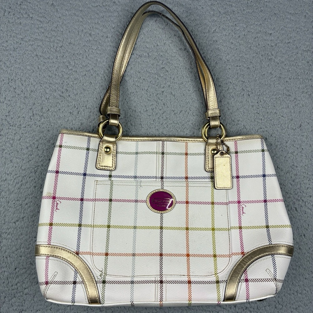 Coach Peyton Tattersall Plaid Tote Shoulder Bag White Gold Trim F19176